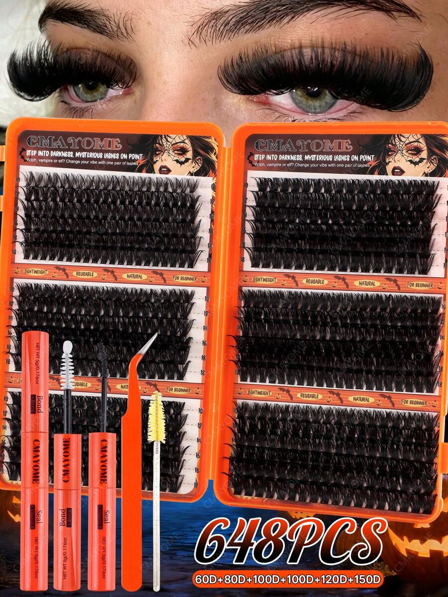 648/684/720pcs Natural False Eyelashes, Made Of Faux Mink Fur Material, With Lightweight, Soft And Comfortable Eyelash Clusters. Equipped With Eyelash Tools, It Can Create A Natural And Beautiful Effect. Suitable For Halloween And Christmas.