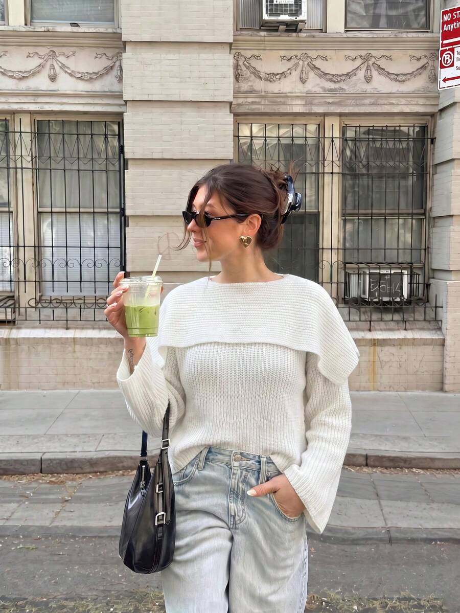 Women's Fall/Winter 2026 One-Piece Knit Sweater With Shawl Collar And Flared Sleeves-A Loose-Fitting, Textured Knit Top For Everyday Wear - White - View 1