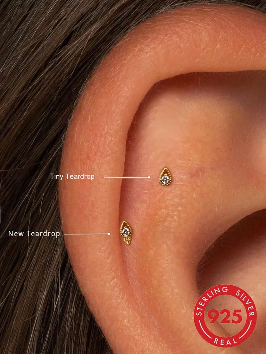 1 buah Anting-anting Perak Sterling 925 Bentuk Tetesan Air Mata, Jepitan Labret Tanpa Ulir, Bagian Belakang Datar, Anting-anting Tragus, Anting-anting Bagian Belakang Datar, Anting-anting Helix, Anting-anting Tulang Rawan - Emas - View 1