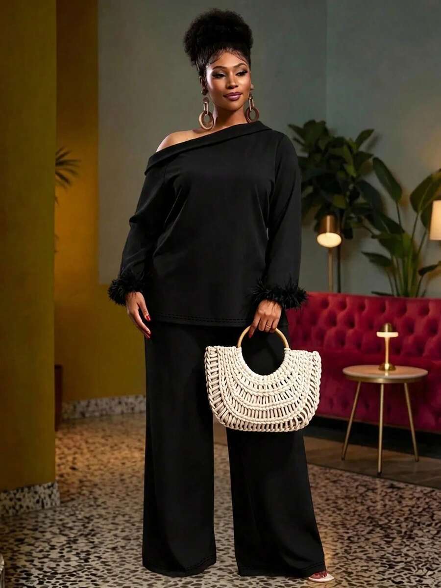 1pc Women Plus Size Elegant Solid Color Asymmetrical Ruffle/Flounce Hem Outfit, Suitable For Evening Date, Casual, Vacation In Autumn Black Spring