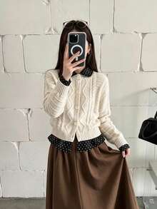 Women's 2-In-1 Vintage Polka Dot Cardigan Jacket, Autumn/Winter New Cable Knit Sweater, Slim Fit Sweet & Cool Top - Apricot - View 3