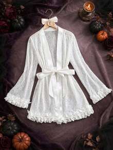 Jubah Lembut Nyaman dengan Hiasan Renda untuk Musim Semi/Panas dan Sabuk, Piyama Pesta Wanita, Jubah Pagi Elegan untuk Semua Musim - Putih - View 5
