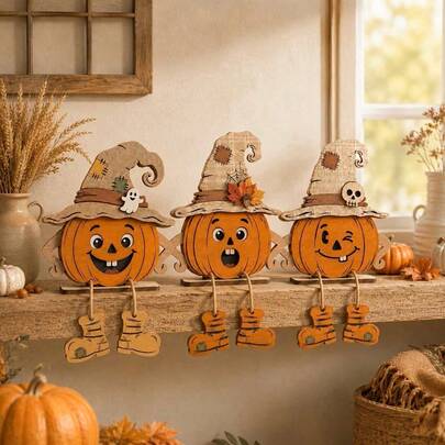 10pcs Autumn Halloween Wooden Pumpkin Gnome Desktop Decor Set With Swinging Rope Boots, Witch Hat, Skeleton, Ghost, Maple Leaf, Farmhouse Style Tiered Tray Decoration, Suitable For Autumn Thanksgiving, Wall Decor, Party Decoration