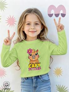Girls Cotton Raglan Long Sleeve Tee For Fall Winter, Cartoon Capybara Print With Pink Flowers And CAPY STYLES Text, Sweet Preppy School Style - Fruit Green - View 2