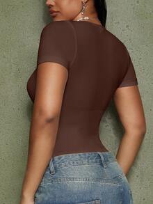 1pc Women's Solid Color Body-Shaping Jumpsuit, Tummy Control, Waist Shaping, Slimming Jumpsuit - Brown - View 9