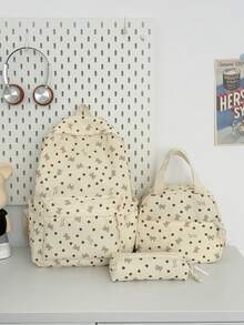 3pcs Back To School Heart Bow Pattern Backpack Set, Large Capacity Nylon School Day Bag With Lunch Bag And Pencil Case, Multi-Pocket Casual Backpack, Lightweight Bookbag, Suitable For Students/Graduates/Young People, Perfect For Back To School/Daily/Shopping/Short Trips And Outdoor Leisure Activities - 8216 - View 12