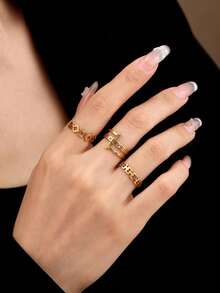 MESTILO 3pcs/Set Stainless Steel Hollow Out Geometric & Letter Rings With Cold Tone For Women, Party Gift - Gold - View 7