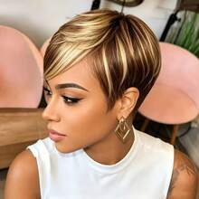 Wig Rambut Manusia Berwarna 4/27 Potongan Pixie Pendek untuk Wanita Tanpa Renda Tanpa Lem, Penutup Jaring Mawar Lembut untuk Penggunaan Sehari-hari, Wig Pendek Modis Tampilan Baru 4/27 Wig Rambut Manusia Asli Berkilau, Wig Pixie Pendek Berlapis Buatan Mesin Penuh dengan Poni, Mudah Dipakai - MultiWarna - View 6