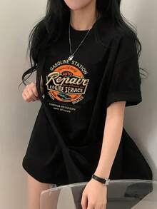 Women's Y2K Retro Car Graphic Print Oversized Drop-Shoulder T-Shirt, Crew Neck Short Sleeve Summer Casual Tee, Medium Stretch, Non-Sheer - Black - View 1