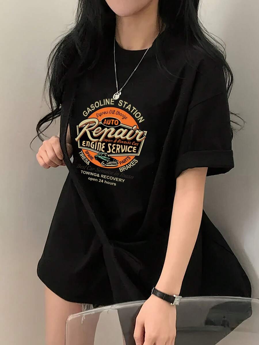 Women's Y2K Retro Car Graphic Print Oversized Drop-Shoulder T-Shirt, Crew Neck Short Sleeve Summer Casual Tee, Medium Stretch, Non-Sheer - Black - View 1