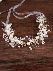 1pc Kids Girls Fairy Gold Leaf Sweet European Style Wedding Dress Floral Wreath Pearl Headband Tiara Crown Hair Accessory - White - View 2