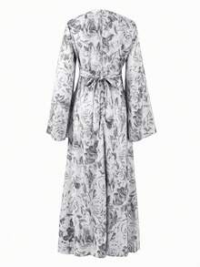 Women's Floral Print Bell Sleeve Satin Long Sleeve Dress - Grey - View 8