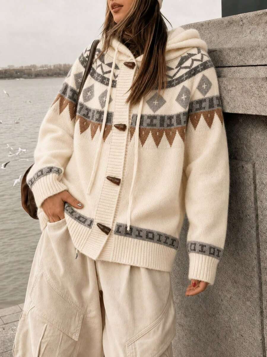 几何图案牛角扣长袖连帽开衫,休闲舒适高品质上衣,时尚保暖秋冬女装 - 杏色 - 查看 1