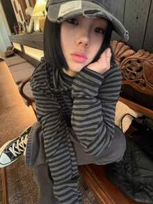 American Design Button-Up Hooded Lazy Vintage Striped Long Sleeve T-Shirt (Random Stripes) - Black - View 2