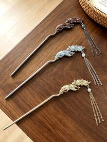 1pc Vintage Embossed Floral Metal Long Hair Stick, Exotic Large Hair Pin For Women's Evening Dress Updo - Multicolor - View 7