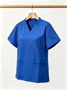 Solid Color Multi-Pocket Short Sleeve Top, Women's Dental Clinic Spring/Summer Fashionable Commute Workwear, Elegant & Comfortable Blouse - Blue - View 5