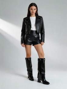 Women's Rivet Trim Fashion Detachable 2-In-1 Knee-High Boots, Black Pointed Toe Chunky Heel Wide Shaft Tall Boots, Autumn/Winter Street Party Versatile Boots - Black - View 7