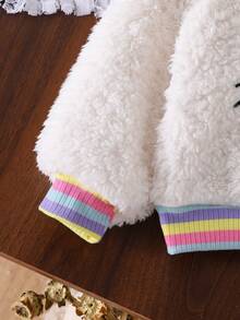 2pcs Baby Girl Casual Cute Cartoon Rabbit Smiling Face Embroidered Double-Sided Fleece Contrast Color Striped Long Sleeve Hooded Sweatshirt And Pants Set Autumn/Winter - White - View 6