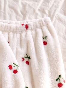 Cute Autumn/Winter Girls Cherry Print White Long Sleeve Open Front Pajama Set, Warm Comfortable Soft, Girls Home Casual - White - View 7