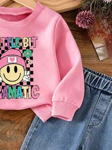 Baby Girl Cartoon Print Round Neck Long Sleeve Warm Sweatshirt And Denim Long Pants - Pink - View 4