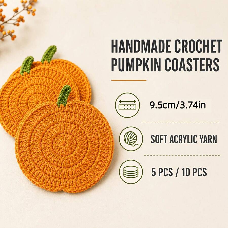 5/10 Pcs Hand‑Crocheted Pumpkin Coasters, Heat‑Resistant Table Mats For Tea Cups, Coffee Cups & Mugs, Autumn‑Themed, Protects Table Surfaces, Great For Fall, Halloween, Thanksgiving Themed Party Decorations - Hand-crocheted Pumpkin Mat - View 1