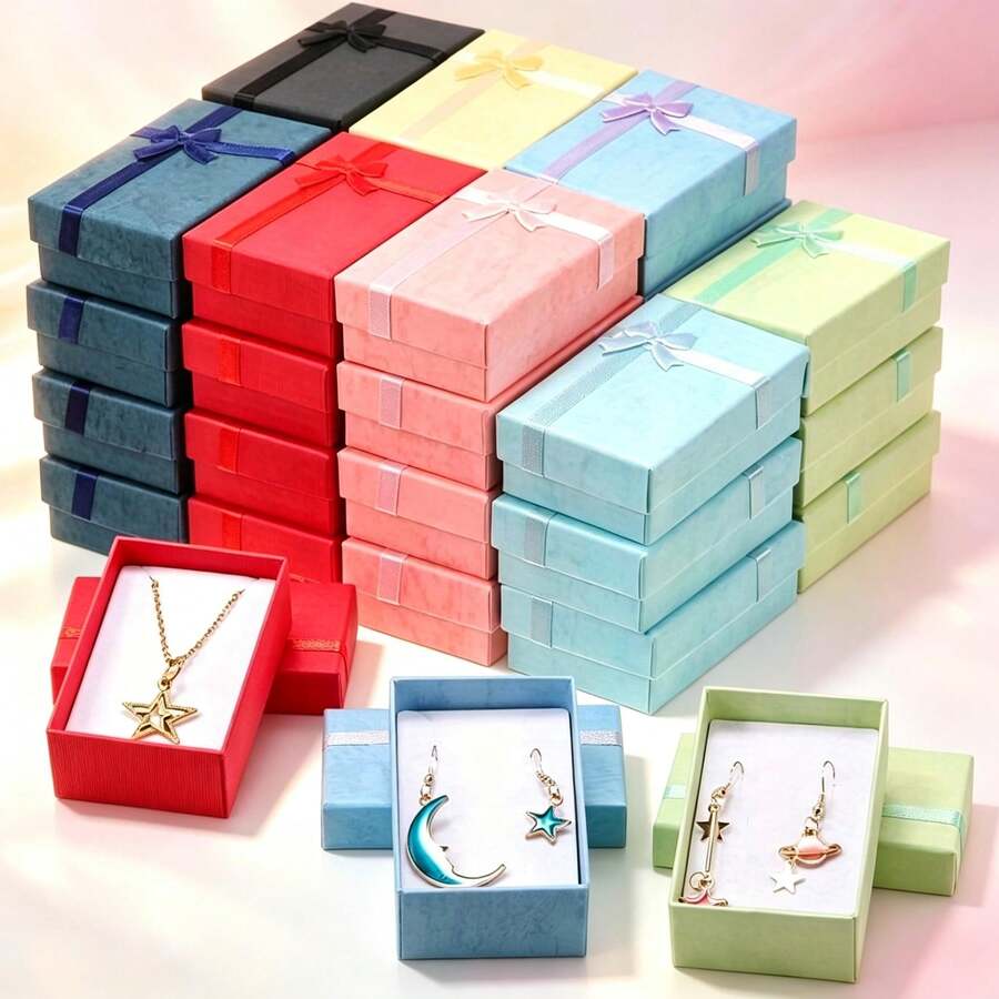 24/10/1 珠寶禮品盒套組：空珠寶盒，適合存放小禮物，多色可選，配有緞帶蝴蝶結，適用於週年紀念、婚禮、珠寶展示與包裝、串珠與珠寶製作場合，精緻時尚蝴蝶結禮品盒，三格式耳環、項鍊、戒指與手錶收納盒，防塵珠寶盒，聖誕節、萬聖節、情人節禮物的理想選擇 - 彩色 - 查看 1