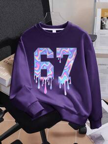 2pcs/Set Boys Crew Neck Sweatshirt Set, With 67 Design, Paired With Simple Casual Wide Leg Pants, Suitable For Autumn/Winter Holiday/Travel Fashion Outfit - Purple - View 4