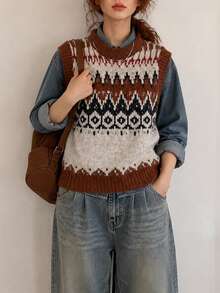 Women's Autumn/Winter Casual Minimalist Versatile Vintage Design Pattern Cardigan Sweater Vest - Multicolor - View 4