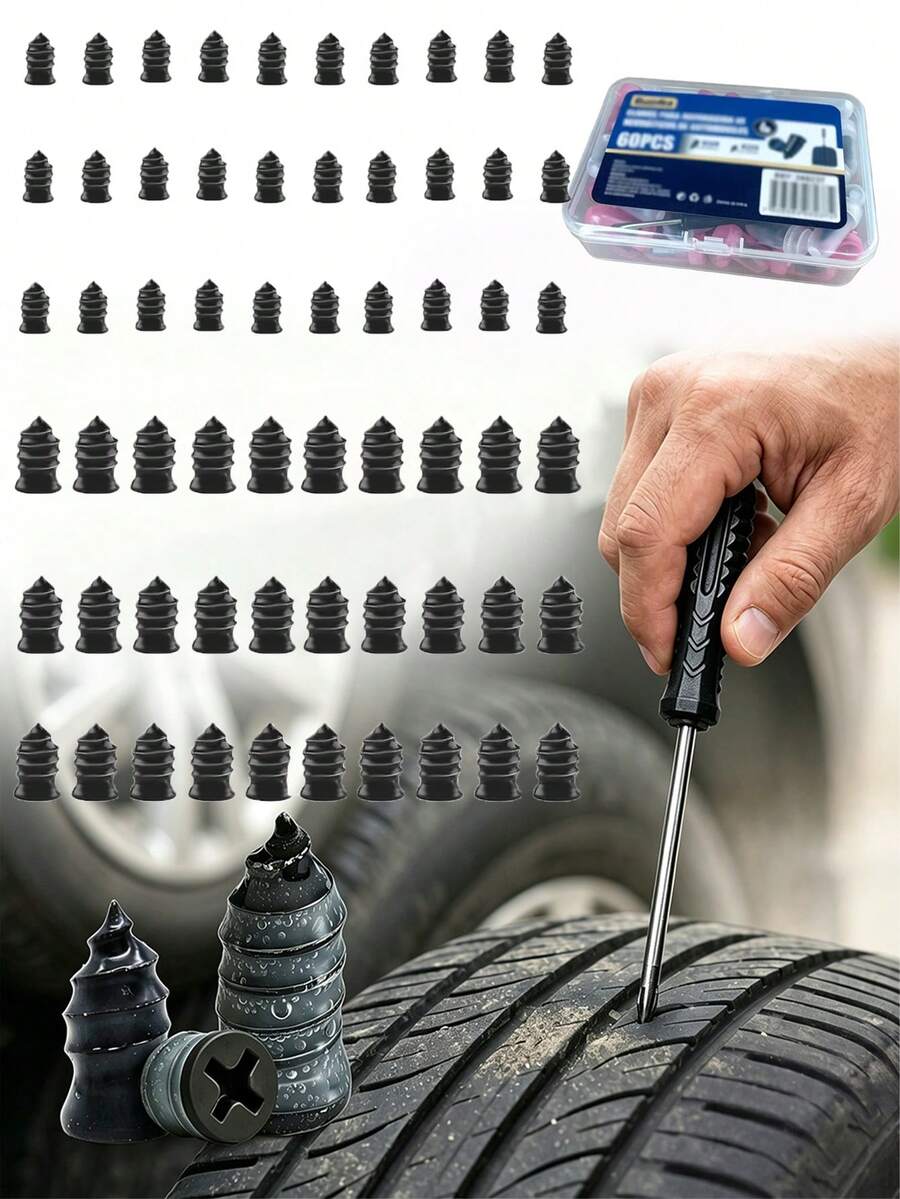 61pcs Vacuum Tire Repair Nails, Car Electric Vehicle Tire Repair Glue Nails, Mushroom Nails, Motorcycle Quick Repair - 61 Pcs - View 1