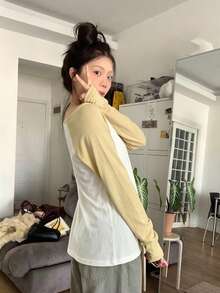 拼接撞色落肩袖透視修身長袖上衣休閒風 - 乳黃色 - 查看 6