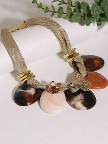 Vintage Brown Textured Necklace, Metal Butterfly & Flower Decor Choker Necklace, Minimalist Luxury Fashion Neck Chain - Brown - View 5
