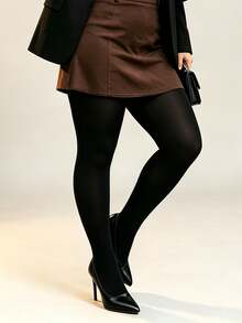 1 Pair Women Solid Black Plus Size Opaque Pantyhose, Medium‑Thick High Stretch Soft Casual Tights For Autumn Winter Daily Office Outfits - Black - View 9