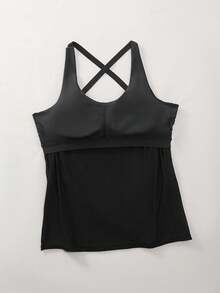 Women's Solid Color Cross Back Spaghetti Strap Cami With Removable Pads, Loose Fit Yoga Tank Top, Casual Workout Gym Cover Up Shirt - Black - View 8