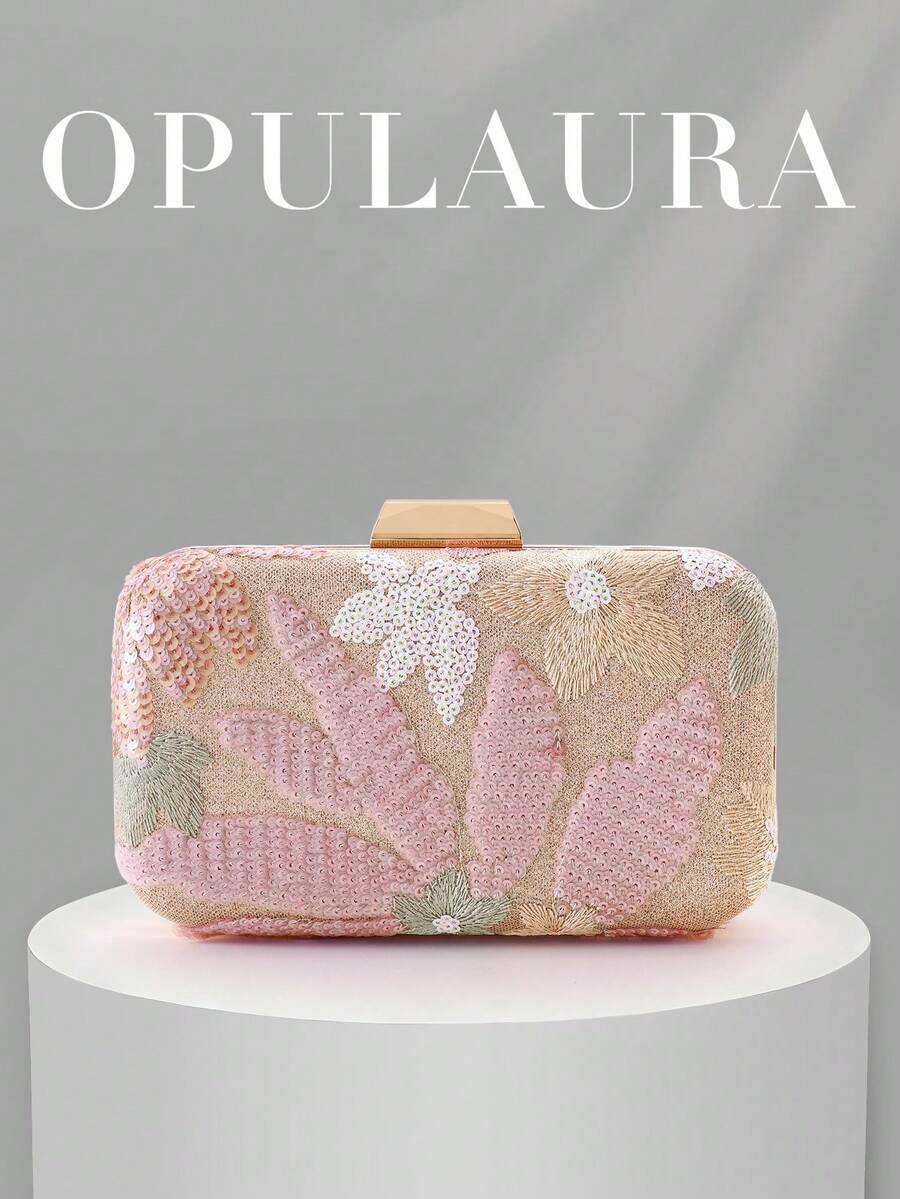 OpulAura亮片刺绣花卉盒形手拿包,女士时尚亮片拼接手提包,派对晚宴包,随机裁剪,适合女性,适合派对、婚礼、舞会、度假等场合。非常适合派对、婚礼、舞会、晚宴/宴会,可搭配节日派对礼服、晚礼服和亮片连衣裙。 - 粉色 - 查看 1
