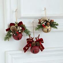 1pc Christmas Bell Ornament, Christmas Tree Hanging Decoration With Pine Needles, Berries, Bow And Rope, Vintage Metal Bell Pendant, Suitable For Holiday Party, Gift Box, Door Handle Decoration - Multi-color - View 8