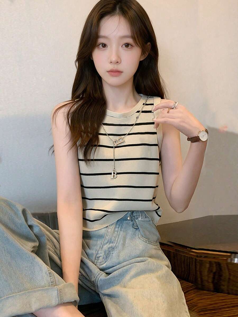 女士针织吊带背心,时尚显瘦夏季打底衫 - 杏色 - 查看 1