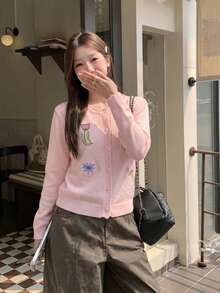 Cardigan Rajut Motif Bunga Bordir Warna Pink Gaya Korea, Jaket Sweater Pendek Lembut dengan Kerah Bulat dan Kancing Tunggal - Berwarna merah muda - View 5