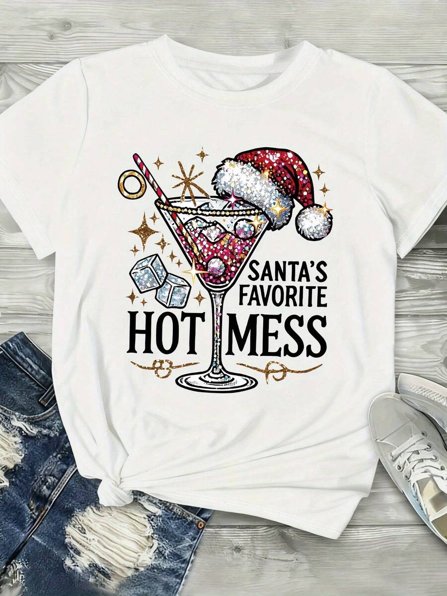 Wo Casual Short-Sleeve T-Shirt Featuring A Creative Christmas Drink Pattern Print, With A Regular Fit And Round Neck,Jas Women Halloween Kostüm Damen - White - View 1
