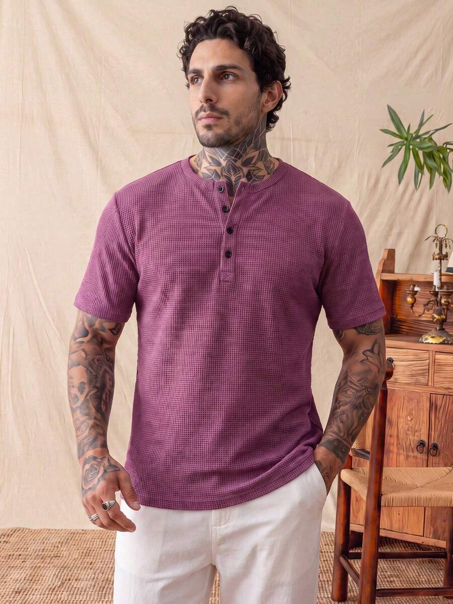 glestore Men's Vintage Old Money Style Solid Color Waffle Knit Short-Sleeve Pullover Henley Neck Design Stylish And Versatile Commuter Casual Wear - Rusty Rose - View 1