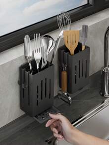 Wall-Mounted Kitchen Utensil Storage Rack, No-Drill Adhesive Chopstick Holder With Side Hooks, Hanging Cutlery Storage Container, Suitable For Kitchen Countertop And Wall, Wall-Mounted Silverware Storage Rack, Kitchen Wall Storage Basket, Ventilated Utensil Rack - Multicolor - View 6