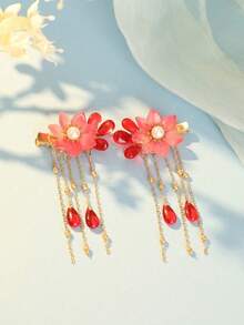 2pcs Hanfu Hair Clips With Pomegranate Flower And Tassel, Cute And Sweet Style, Gift For Women, Suitable For Daily Casual Outings And Matching - Red - View 4