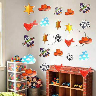 Toy Theme Birthday Party Banner, 6/12/24pcs Cartoon Pattern With String, Western Space Theme Birthday And Bedroom Decor