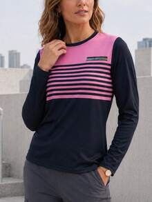 Women's Sporty Colorblock Striped Long Sleeve T-Shirt, Crew Neck Casual Pullover Top For Daily And Weekend Outfits. - Pink - View 3