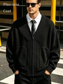 Cardigan Rajut Leher V dengan Resleting untuk Pria Ukuran Besar, Musim Semi/Gugur, Tekstur Wafel, Dua Saku, Jaket Sweater Longgar, Gaya Kasual Bisnis - Hitam - View 1