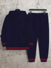 Setelan Hoodie dan Celana Jogging Motif Basket Pria, Biru Tua Bergaris dengan Manset Berusuk, Longgar, Kasual, Setelan Olahraga. - Royal Blue - View 4
