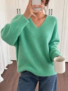 Green V Neck Drop Shoulder Long Sleeve Soft Knit Pullover Women Elegant French Casual Daily Commute Halloween Christmas New Year Fall Winter Vacation - Green - View 3