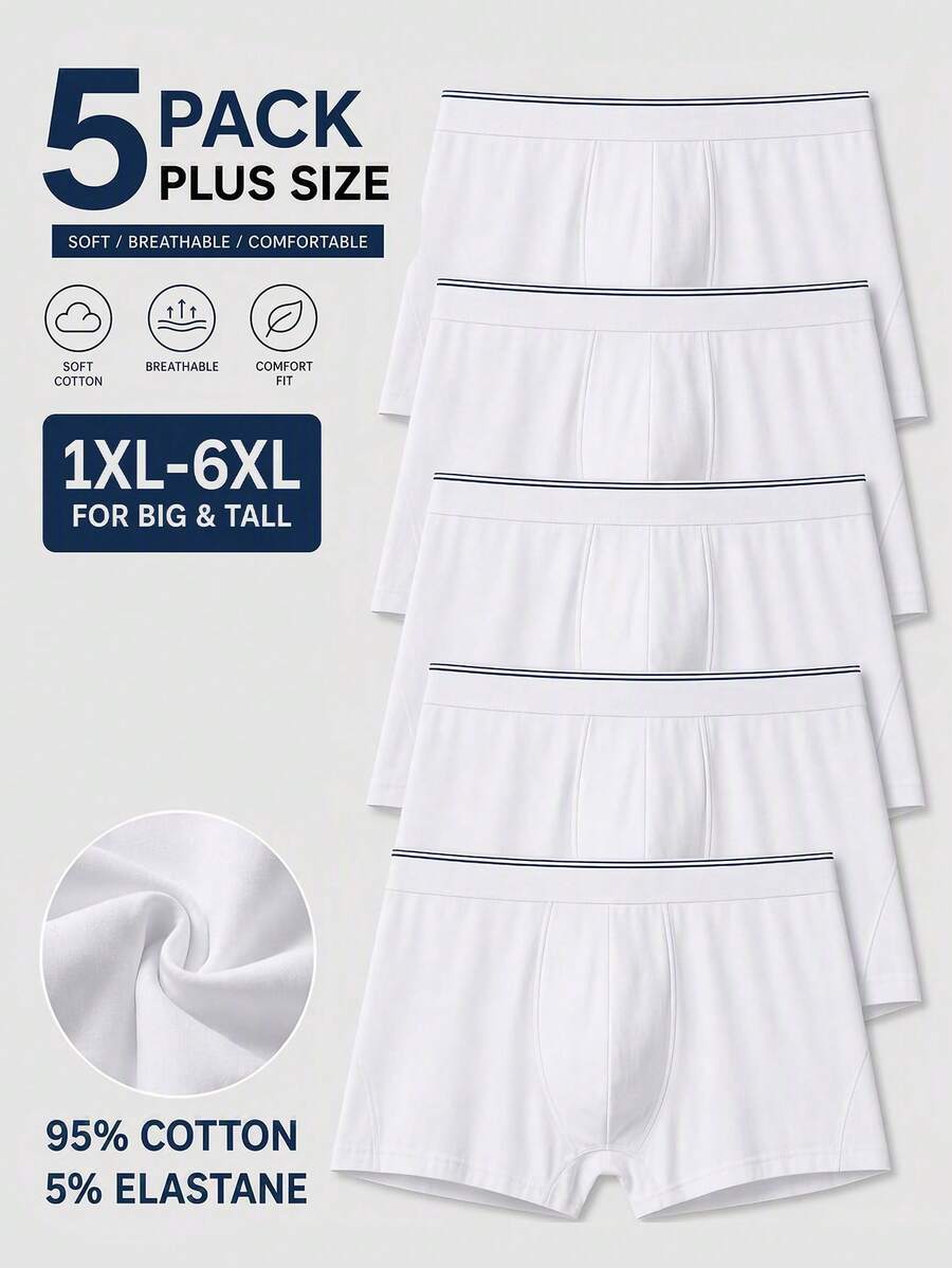 Norcotton 5-Pack Plus Size Men's Boxer Briefs, 95% Comfortable Mid-Waist Trunks - White - View 1