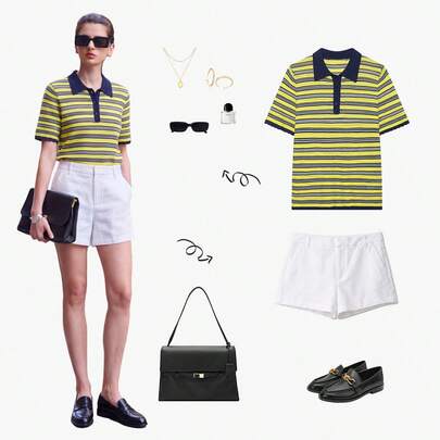 YROOE Women's Autumn/Winter Yellow Black & White Horizontal Striped Contrast Color Sailor Collar Hollow Out Short Sleeve Knit Polo Top Summer