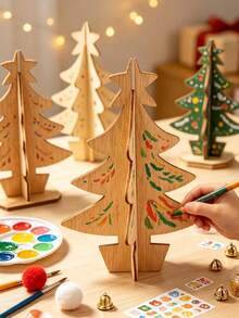 1pc DIY Wooden Mini Christmas Tree, 3D Assembled Blank Wooden Christmas Tree Model, Baby Painting Craft Decoration, Suitable For Christmas Party Tabletop Decoration, Christmas Baby Party Decoration, Desktop Decoration - Multicolor - View 1