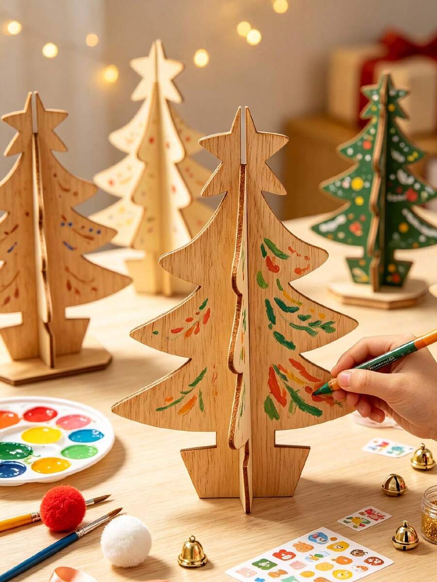 1pc DIY Wooden Mini Christmas Tree, 3D Assembled Blank Wooden Christmas Tree Model, Baby Painting Craft Decoration, Suitable For Christmas Party Tabletop Decoration, Christmas Baby Party Decoration, Desktop Decoration - Multicolor - View 1